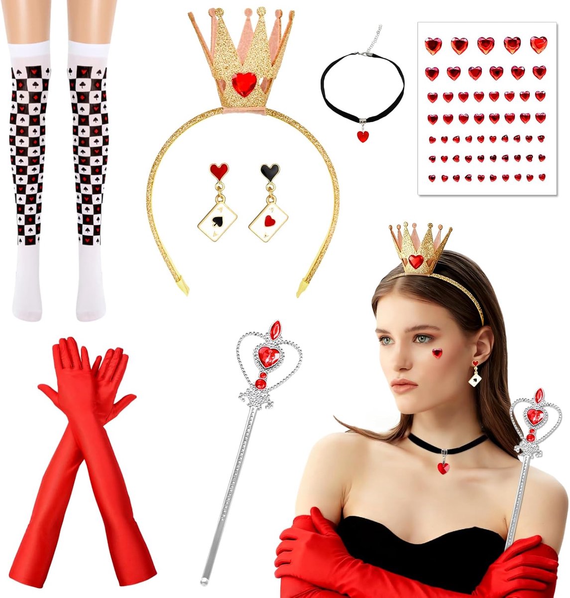 7 stuks Hartenkoningin kostuum dames haarband, koningin kostuum dames, Queen of Hearts kostuum accessoires voor Halloween, carnaval, carnavalsfeest