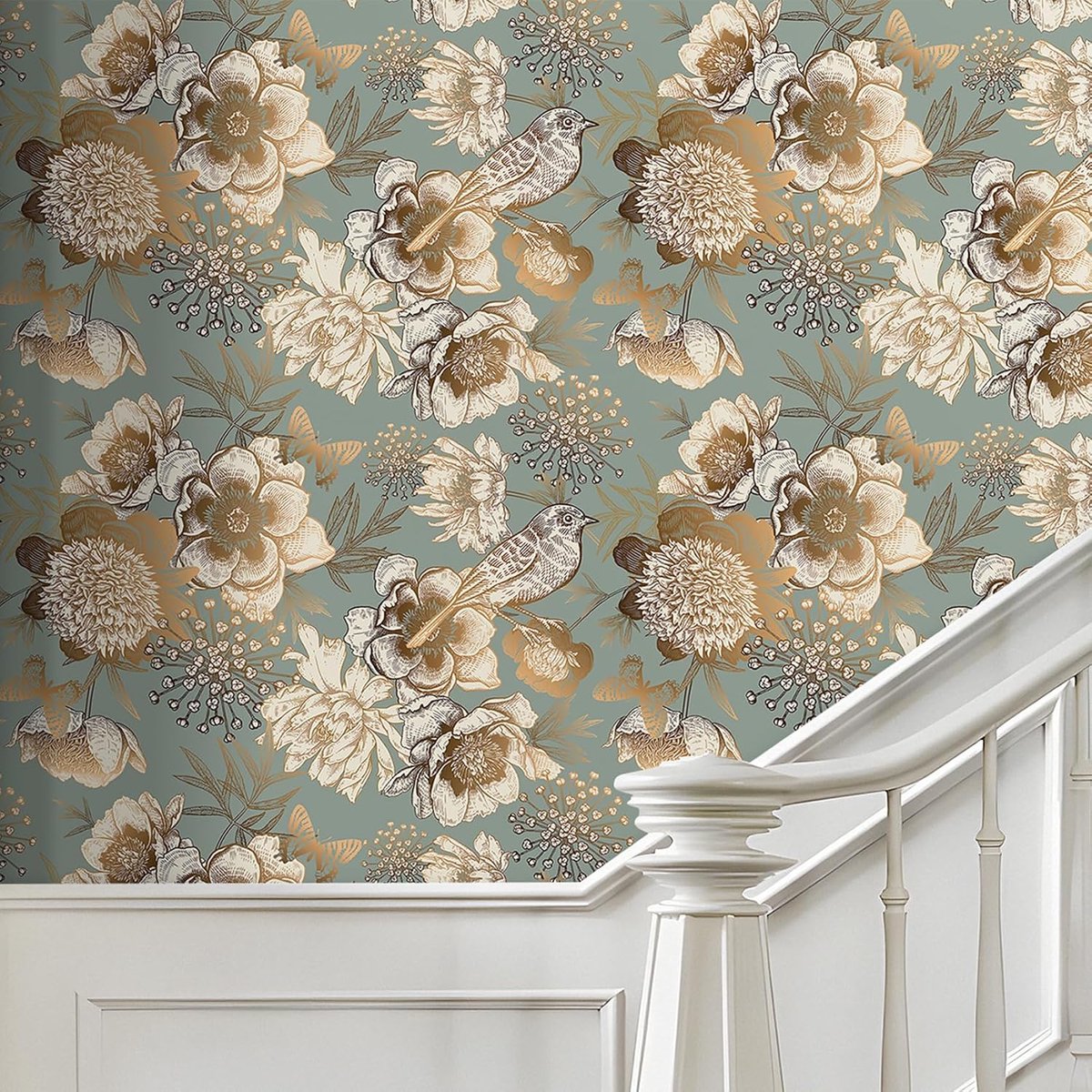 Behang, zelfklevend groen bloemenmotief, zelfklevend behang met bloemen, groen goud, vinyl, woonkamer, patroon, vogel, buffelvlieg, waterdicht, behang voor slaapkamer