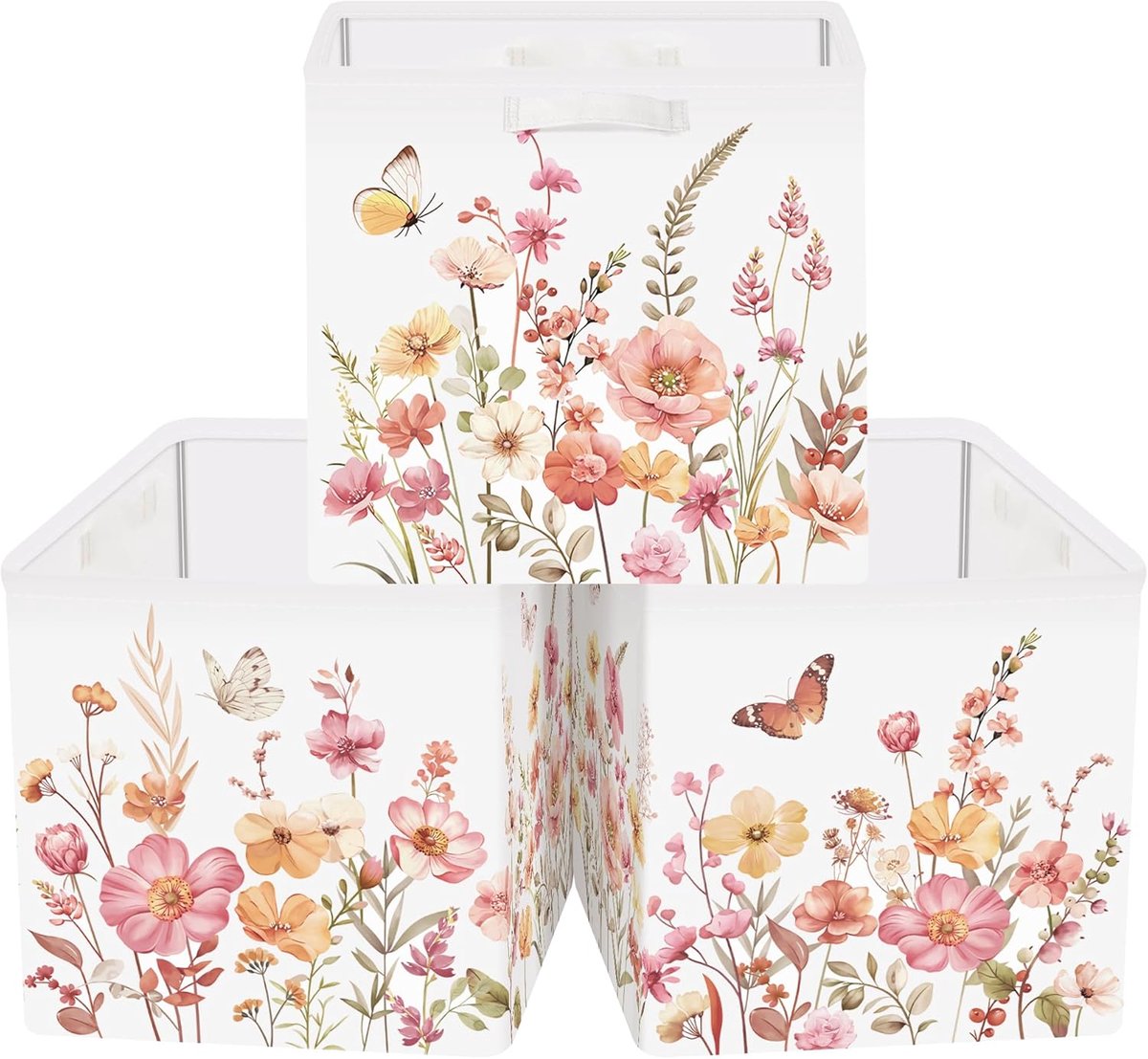 30 cm Opbergdoos 3 Stuks Wilde Bloem Opbergmand voor Vrouw Meisje Tuin Vlinder Opbergkubus met Handgrepen voor Slaapkamer Organizer voor Speelgoed Boeken Kleding,Wilde Planten