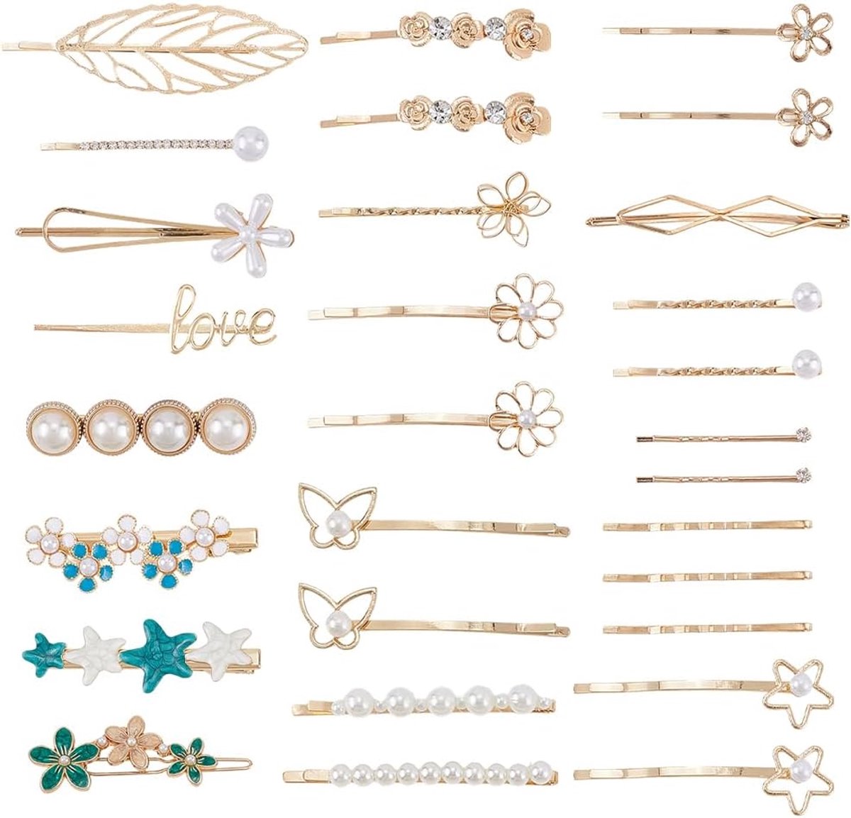 1 Doos 26Pcs Gouden Haarspeldjes Set Bloem Haar Haarspeldjes Groene Bladeren Parel Leuke Bobby Pins Metalen Lente Thema Hoofddeksels Accessoires Voor Vrouwen Lange Korte Hoofddeksels
