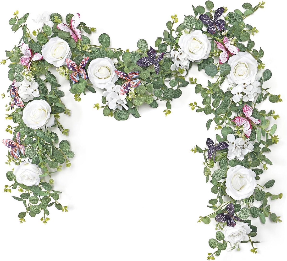 Kunstbloemenslinger, eucalyptusslinger, 1,8 m, hangende groene bladeren, eucalyptus, decoratie met 3D-vlinders, rozen, bloemen voor bruiloftsdecoratie, tafeldecoratie, lentedecoratie