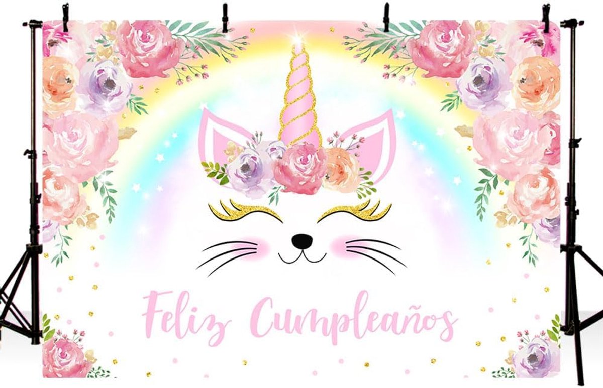 7x5ft Eenhoorn Verjaardag Achtergrond voor Meisje Pastel Regenboog Bloemen Eenhoorn Glitter Sterren Dots Gelukkige Verjaardagsfeestje Banner Foto Rekwisieten