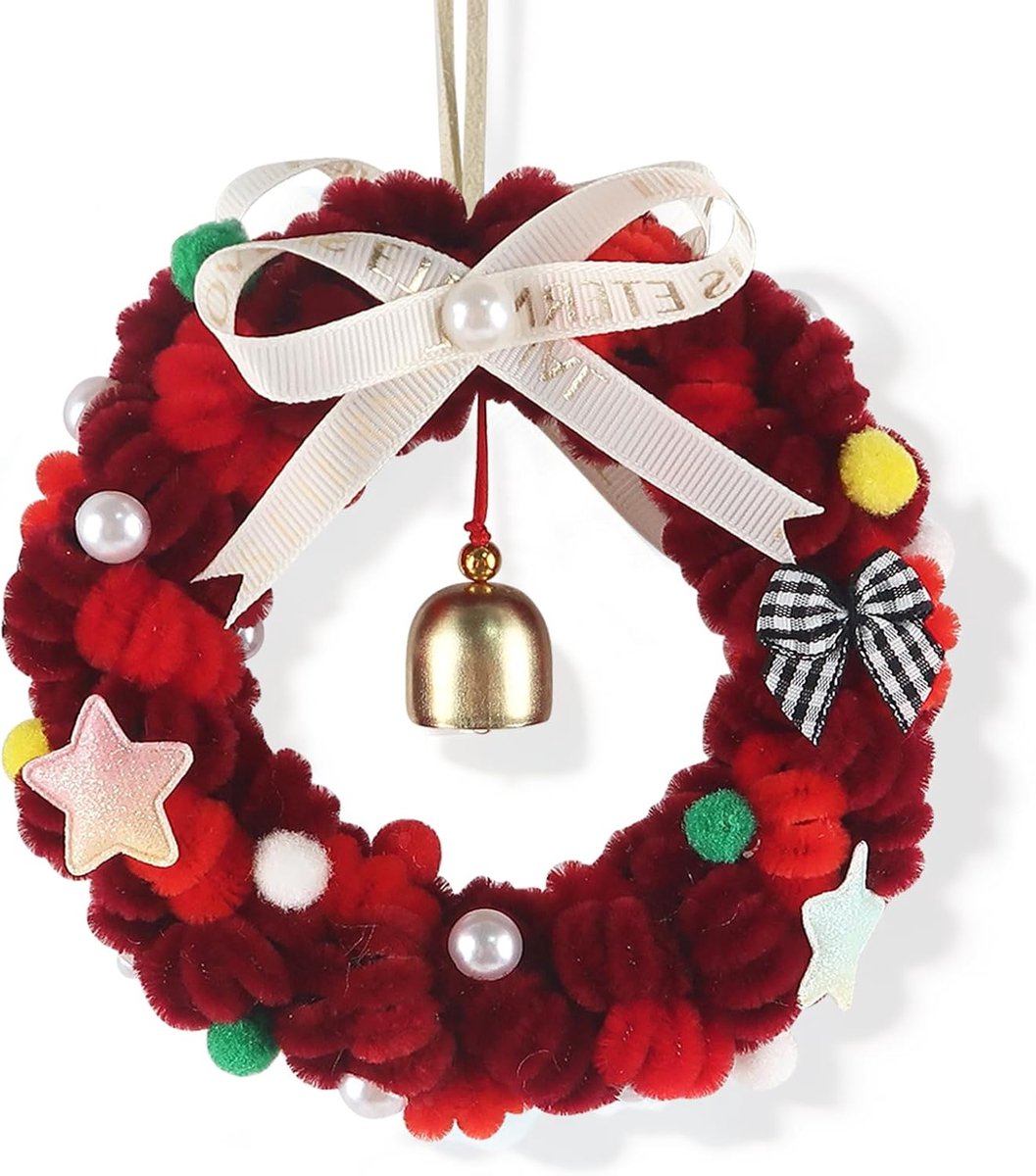 Rood Kerstkrans 151 Stuks Pijpenragers Pompons Enz Handwerkdecoratieset Gebruikt voor Het Maken Van 10 cm Handwerkkransen voor Deur Muur Raam en Buitendecoratie
