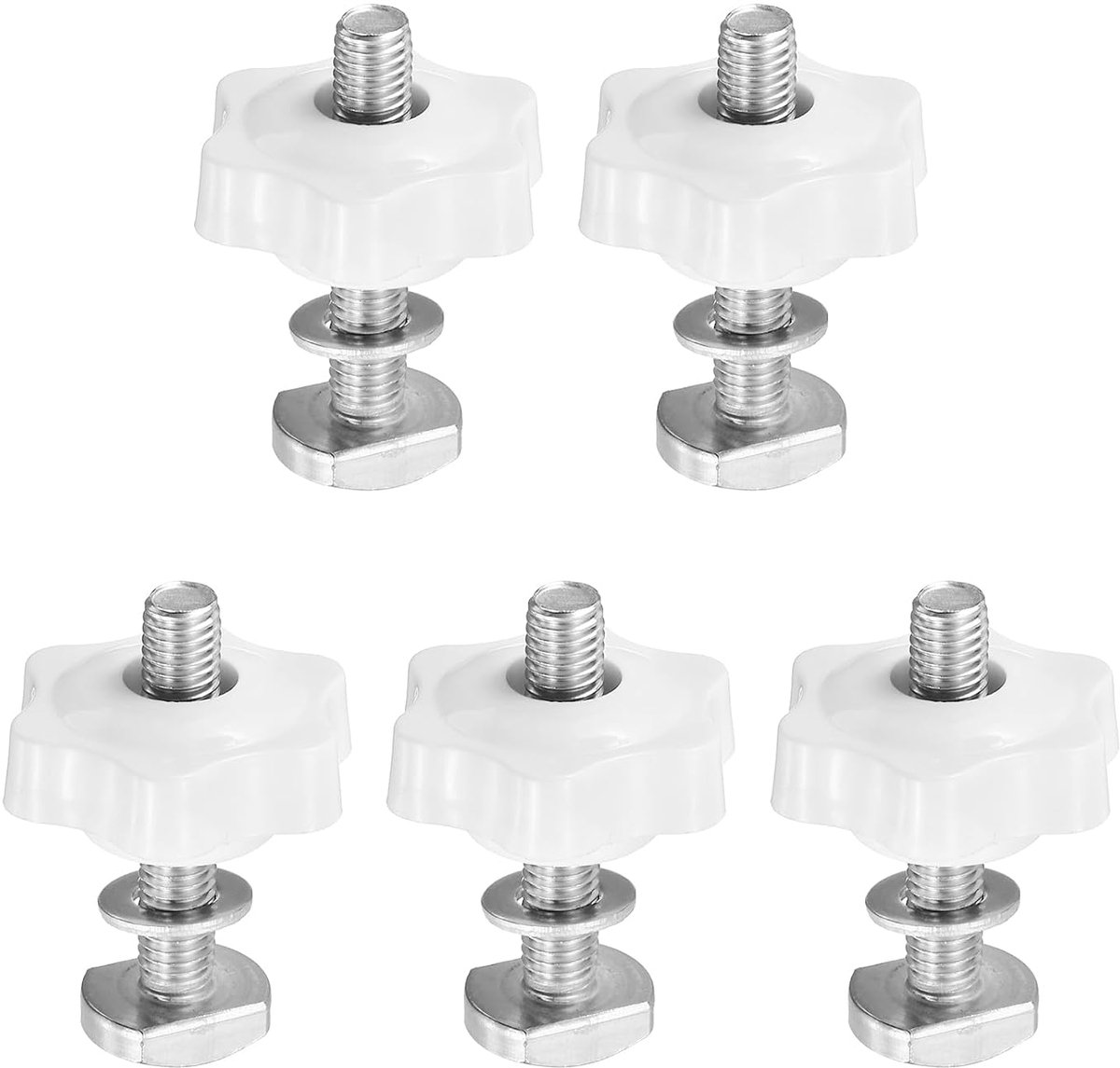 T Track Bolts Knop Kit 5 set M8 x 45 mm x 38 mm schroefdraadbouten met sluitringen en 6-sterknoppen moeren, T-track accessoires voor houtwerk en apparatuur, zilverwit