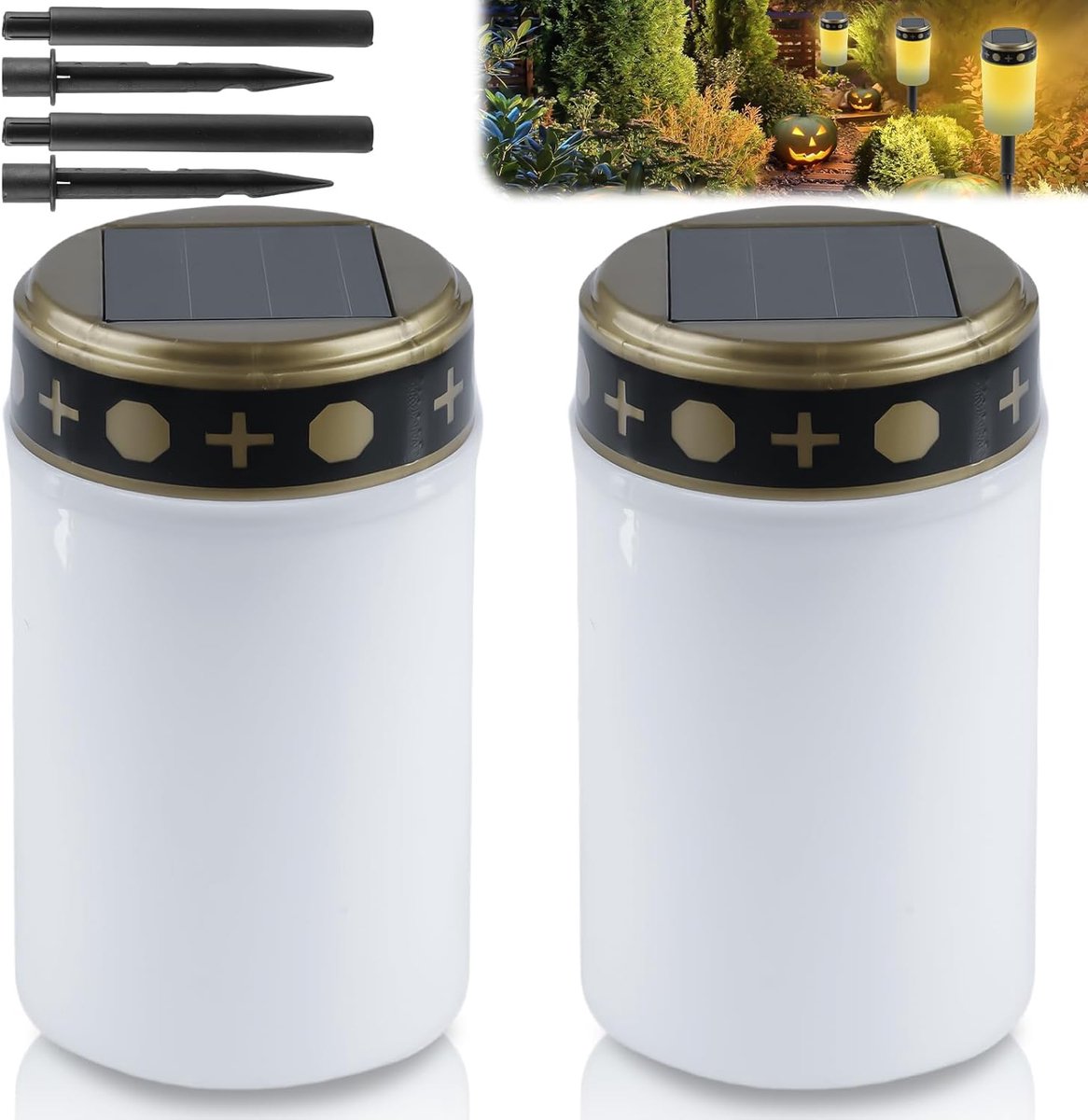 2 stuks graflicht op zonne-energie met led, 7 x 12 cm, waterdichte kaars met lichtsensor voor buiten, grafkaars met grondpen