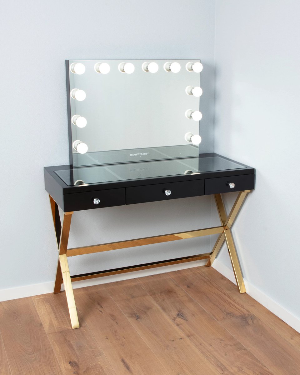 Bright Beauty® Make-up tafel met Verlichting – Hollywood kaptafel – 12 LED Lampen – 3 Lichtkleuren – Dimbaar – Smart Touch – Zwart en goud