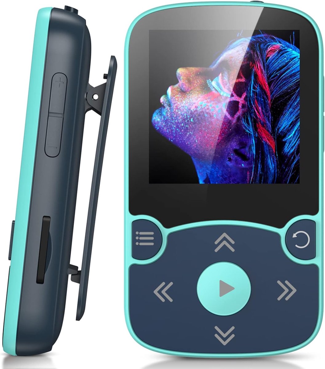 MP3-Speler Bluetooth 5.0 Sport 32 GB Met 1,5 Inch Tft-Kleurenscherm, Mini-Muziekspeler Met Clip, Ondersteunt Tot 128 Gb Sd-Kaart, Met Onafhankelijke Volumeknop, Fm-Radio, Stappenteller, Blauw