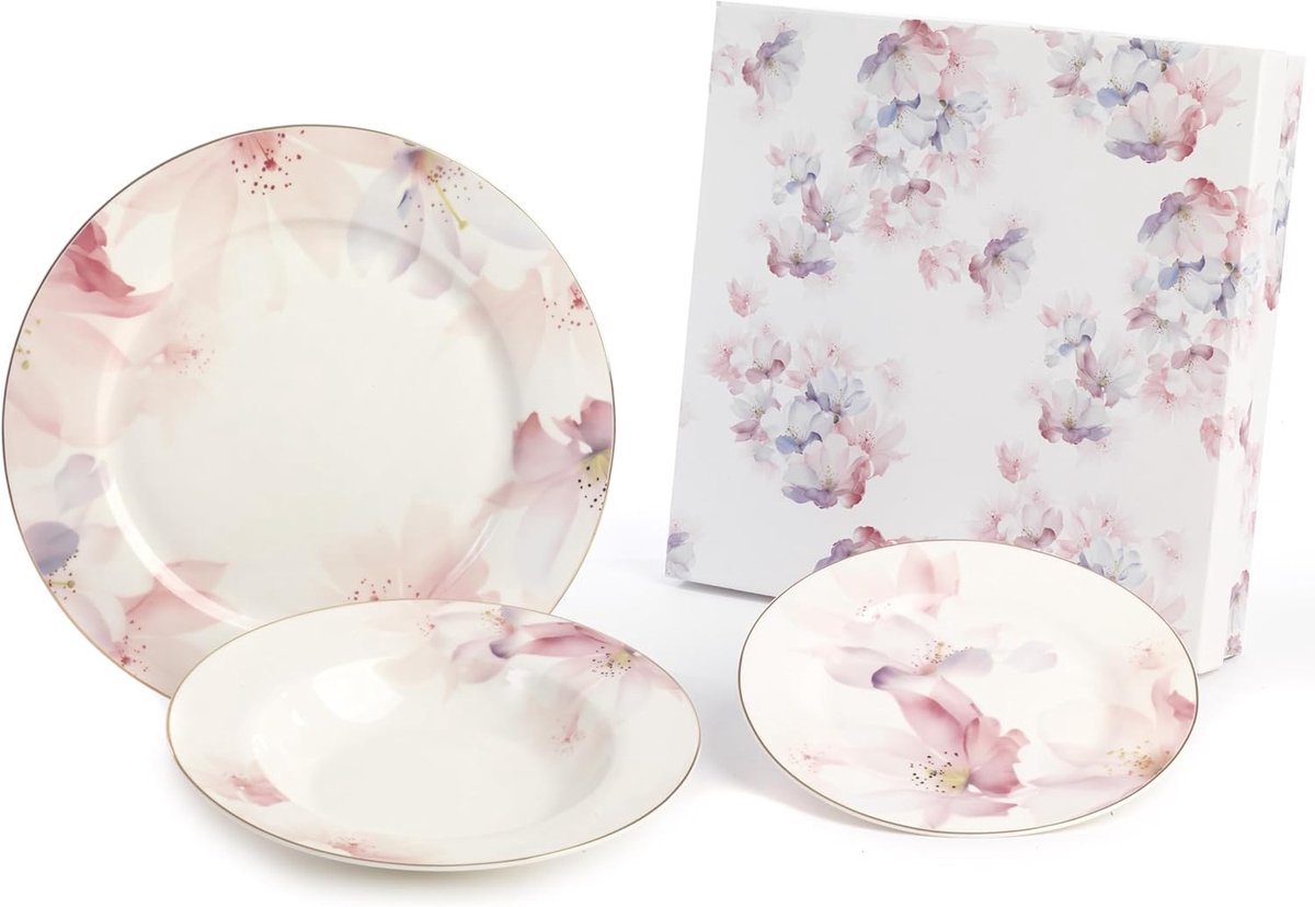 Set van 18 borden met bloemenmotief, pastelkleuren, van porselein, 6 diepe borden Ø 21,5 cm, 6 platen Ø 19,5 cm en 6 platen Ø 26,5 cm met elegante lithografische doos