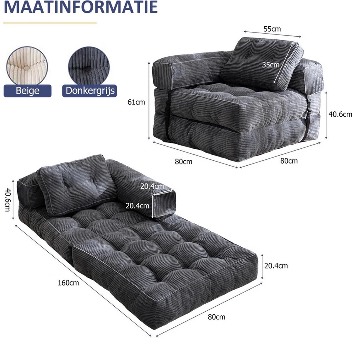 Gudalio Slaapbank - Slaapstoel - Fauteuil - Logeerbed - Uitklapbaar - 1 persoons - 170x85x22 cm - Tot 150 kg Draagvermogen - Zwart