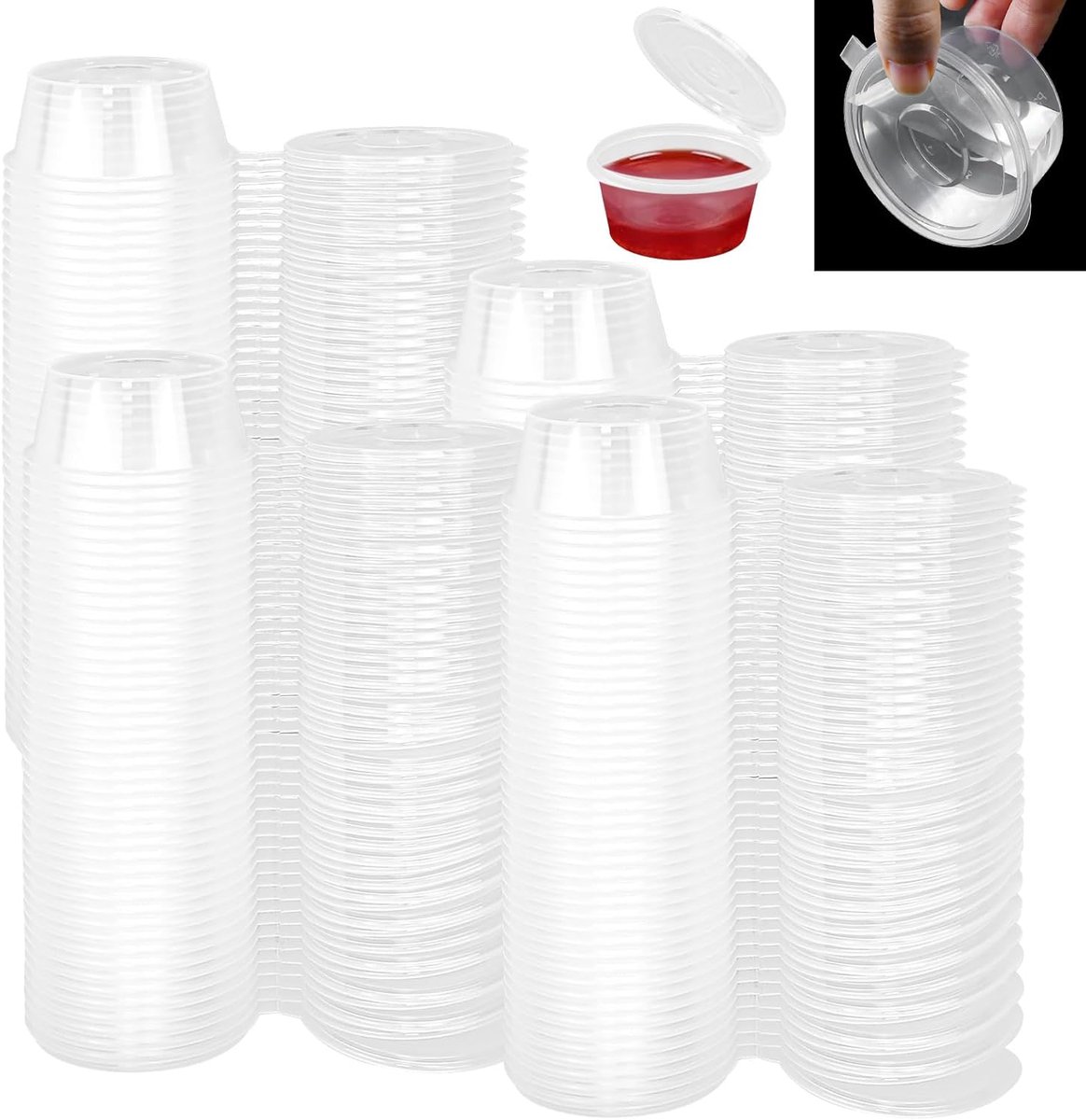 100 stuks sauspotjes van kunststof met deksel, 75 ml, transparante sausdoos, voedselcontainers, om mee te nemen voor sauzen, specerijen, crèmes, magnetronbestendig