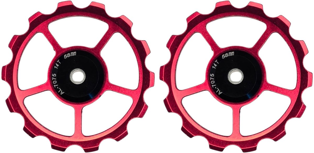 SnelShoppen - 2 x Derailleur Achter Aluminium 7075 Rood Geanodiseerd met Verzette Lagertjes 689-2RS voor Fietsketting MTB en Stadsfiets, 14 Tanden