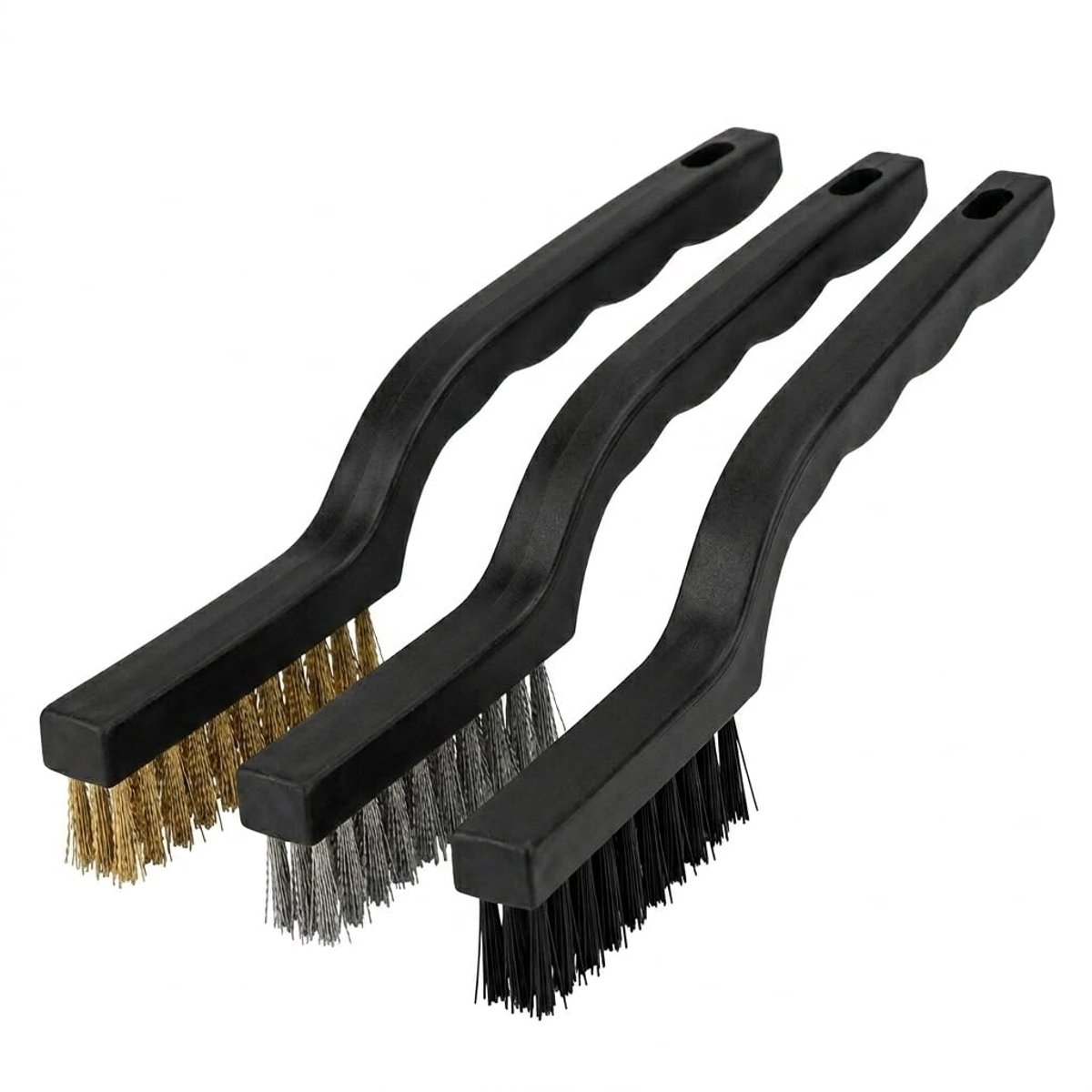 3-delige set staalborstel met handgreep, 1 x roestvrijstalen borstel, 1 x nylon borstel, 1 x messing borstel, stalen borstel met handgreep, 3-rij, 22 cm lang