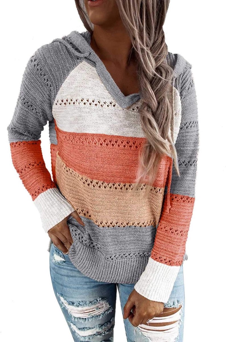 Womens Causal Striped Color Block Long Sleeve Hoodies Pullover Clearance Gray Fall Sweaters L