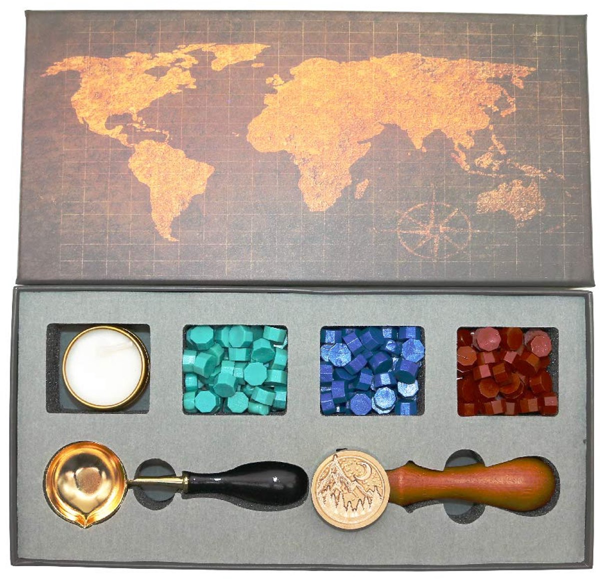 Seal Stempel Set, Wax Seal Kit met zegellak kralen, messing zegel stempel, smeltlepel, kaars, geschenkdoos set (berg)