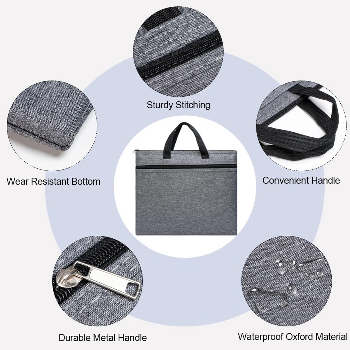 File Bag met Handvat, Lichtgewicht Rits Pouch met 2 Zakken Waterdichte Oxford A4 Map Bag Vergadering Office File Bag School Stationary File Organizer voor Mannen en Vrouwen (Grijs)