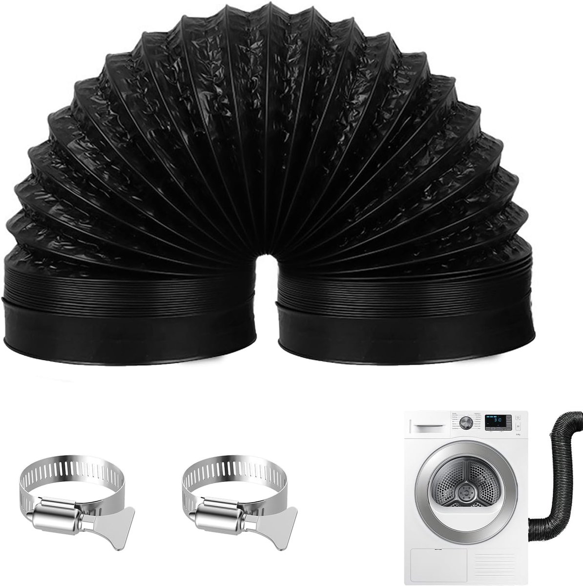 Afvoerslang, 100 mm lengte, 2 m, afvoerslang, flexibele slang, zwart, aluminium flexibele buis met 2 slangklemmen, roestvrij staal, voor airconditioning, afvoerventilator, afzuigkap