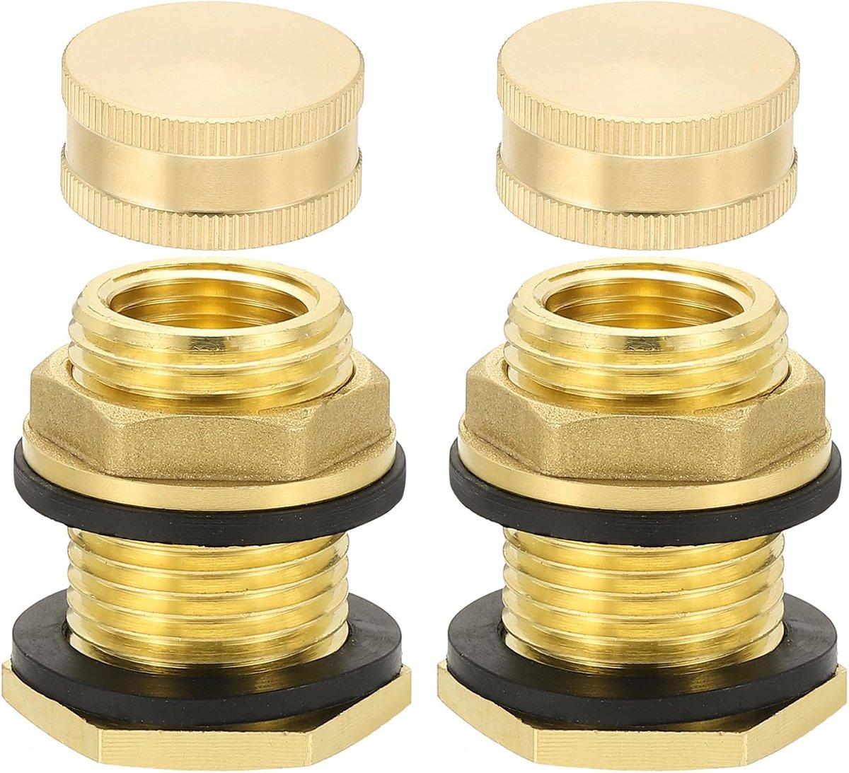 Messing schot fitting met plug 2 stuks 1/2 inch NPT vrouwelijk x 3/4" GHT mannelijk, tuinslang schroefdraad dubbele schroefdraad schot watertank connector voor regenemmer, gootstenen, aquaria