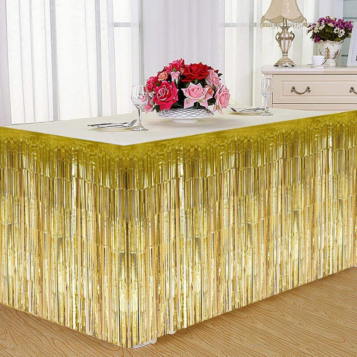 tafelrok, decoratieve kwastjes tafelrok voor rechthoekige ronde tafel verjaardagsfeestje(gouden)