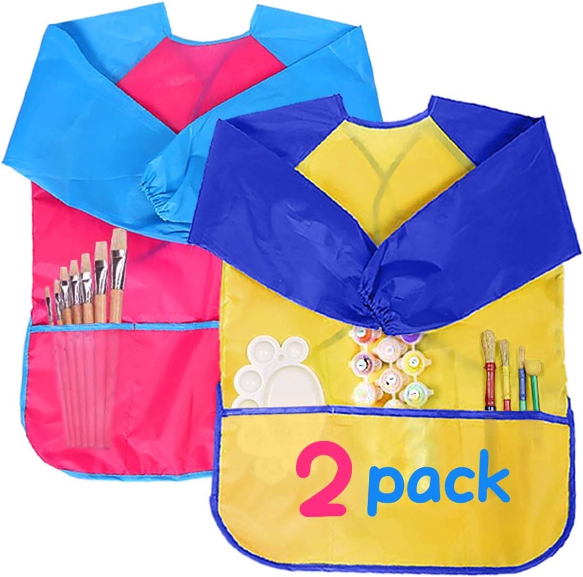 2 stuks schort, kinderschort, schilderschort, met lange mouwen, voor kinderen, waterdicht, 3 zakken, schorten, schilderschort, kinderschort, school, voor kinderen van 2 tot 8 jaar