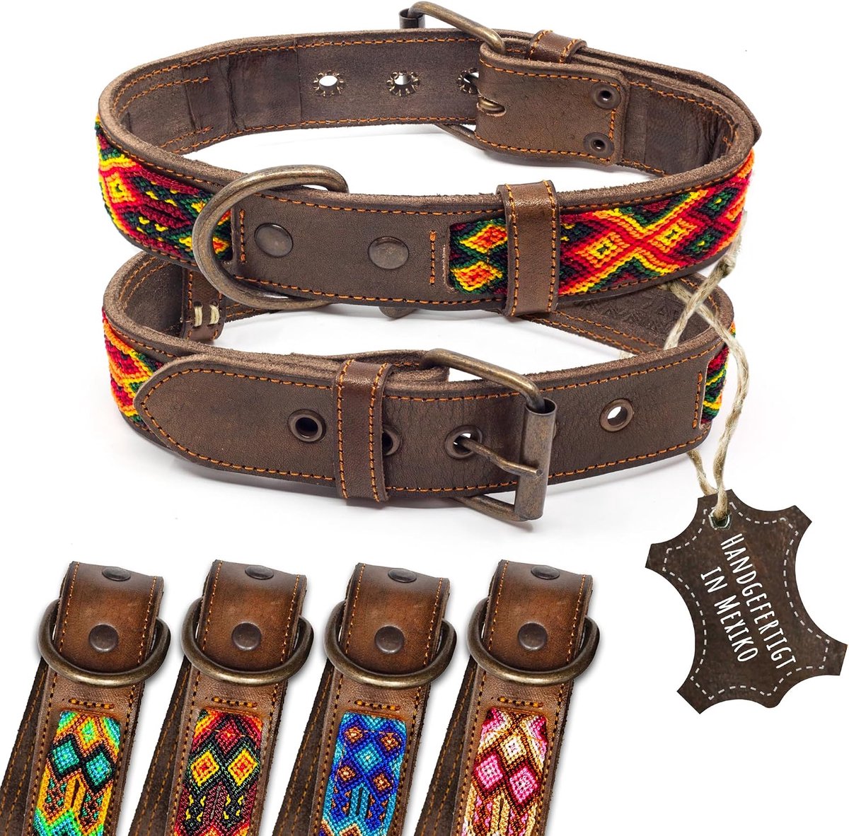 halsband voor honden, dubbel tribal geborduurd, vuurrood-bruin, hoogwaardig afgewerkte hondenhalsband, handgemaakt in Mexico, maat M, hondenhalsband voor middelgrote honden, breed leer