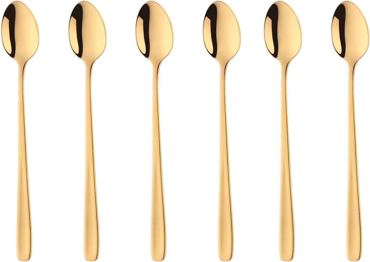 Macchiato lepels 18/10 roestvrij staal koffielepel lange steel Cafe Cappuccino lepel dessertlepel 20 CM longdrink lepel voor Nutella melkkoffie 6 stuks Grote yoghurtlepel (goud)