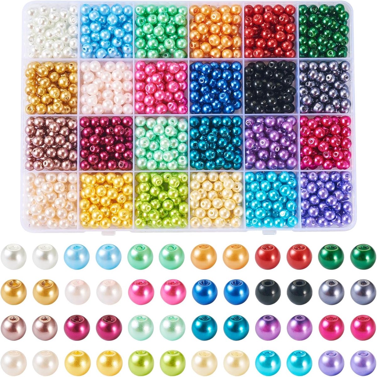 Kralen 24 kleuren ronde glazen parelkralen 6 mm ronde kralen voor het maken van sieraden, ketting, armband, oorbellen