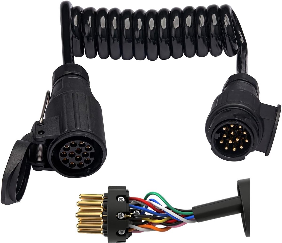 1.6M Aanhanger Verlengkabel 13 Polige, met Stekker en stekkerdoos, Conform ISO 11446, 12V Spiraalkabel 13 polige, Aanhanger Stekker Verleng Voor PKW LKW RV Aanhanger