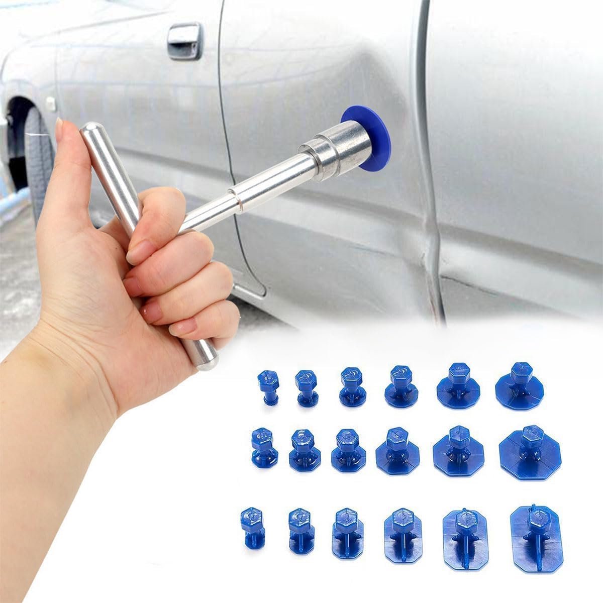 uitdeuken reparatieset, uitdeukgereedschap, carrosserie, lakvrije deuktrekker, doe-het-zelf reparatieset, T-bar-trekker,deuken uittrekken, reparatieset auto