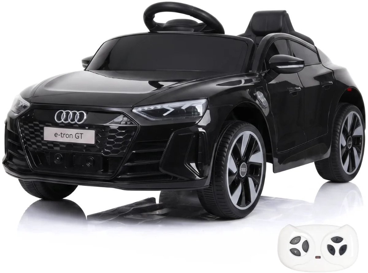 Audi e-Tron GT Full Option Elektrische Kinderauto 1 tot 4 jaar – Officieel Gelicentieerd Accuvoertuig met Lederen Zitje, Schokdempers & Bluetooth – 12V Kinderauto met Afstandsbediening, Werkende Deuren & Soft-Start – Zwart