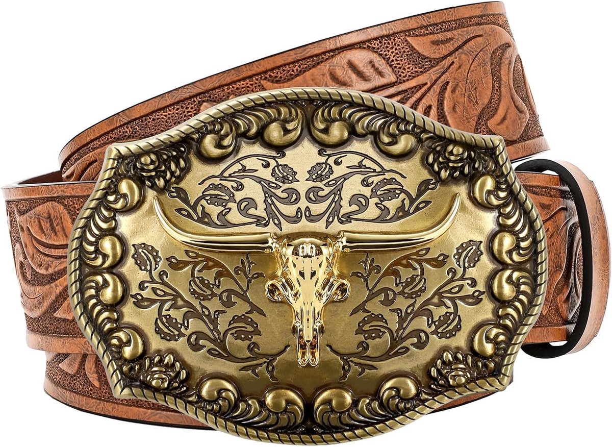 Western leren cowboyriem voor heren en dames, longhorn-gesp, cowgirl riem, bloemen, gegraveerd, reliëf, vintage, uniseks riem voor jeans