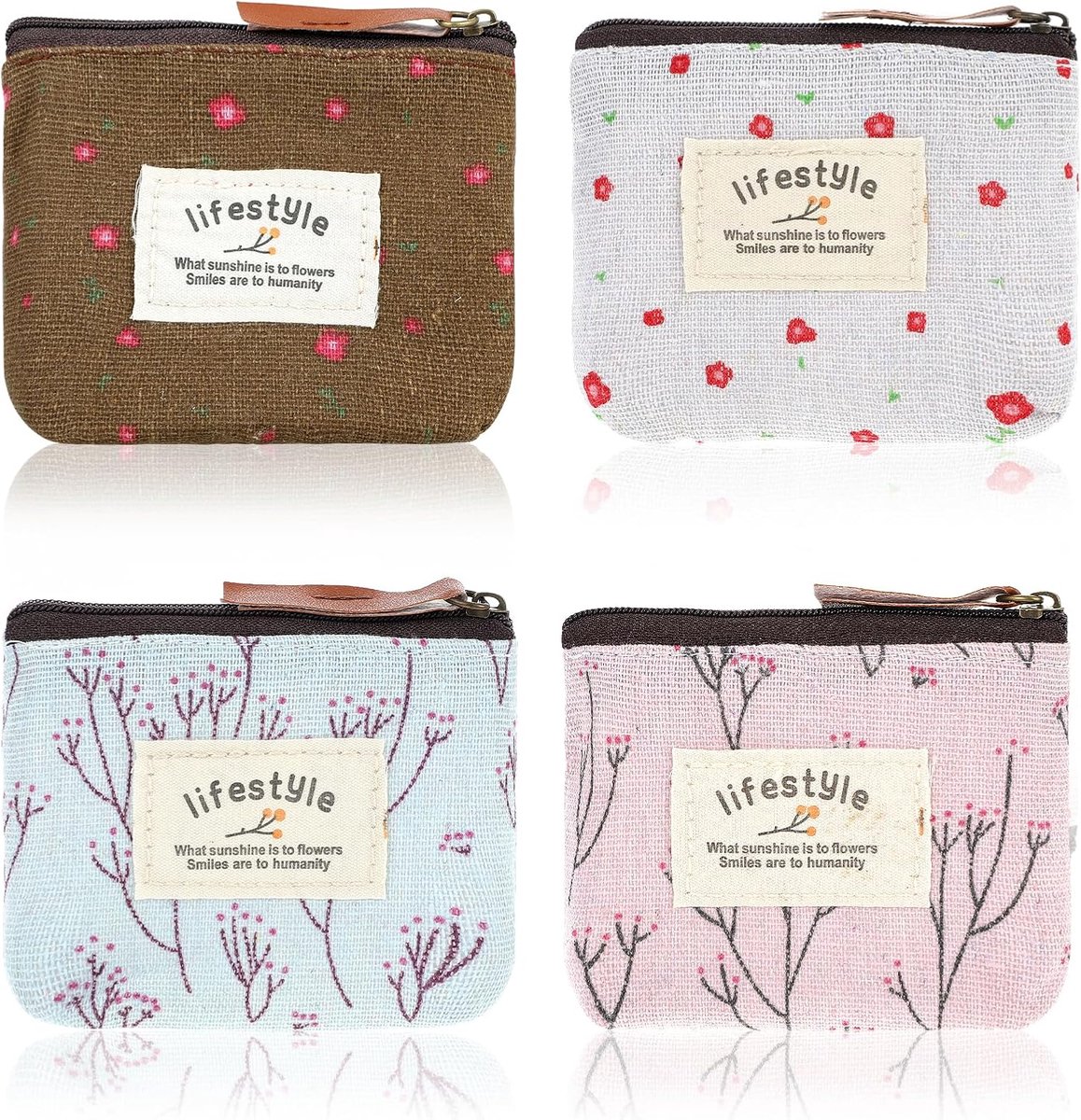 SnelShoppen - 4 Pcs Mini Makeup Bag - Leren Bloemen Cosmetica Tas met Rits - Draagbare Toilettas Organizer - Schattige Portemonnee Opbergzak - Stof Co