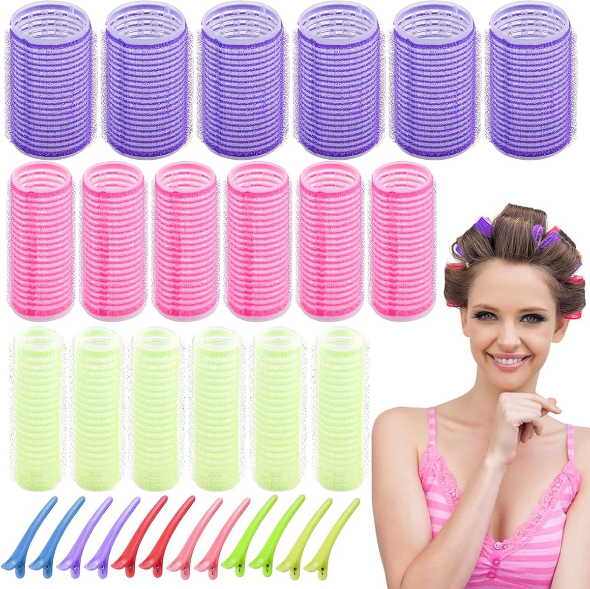 Thijox - 30 Haarrollen, 18 Zelfklevende Krulspelden in 3 Maten (16 mm, 25 mm, 35 mm) met 12 Eendensnavelklemmen, Geschikt voor Kinderen en Volwassenen
