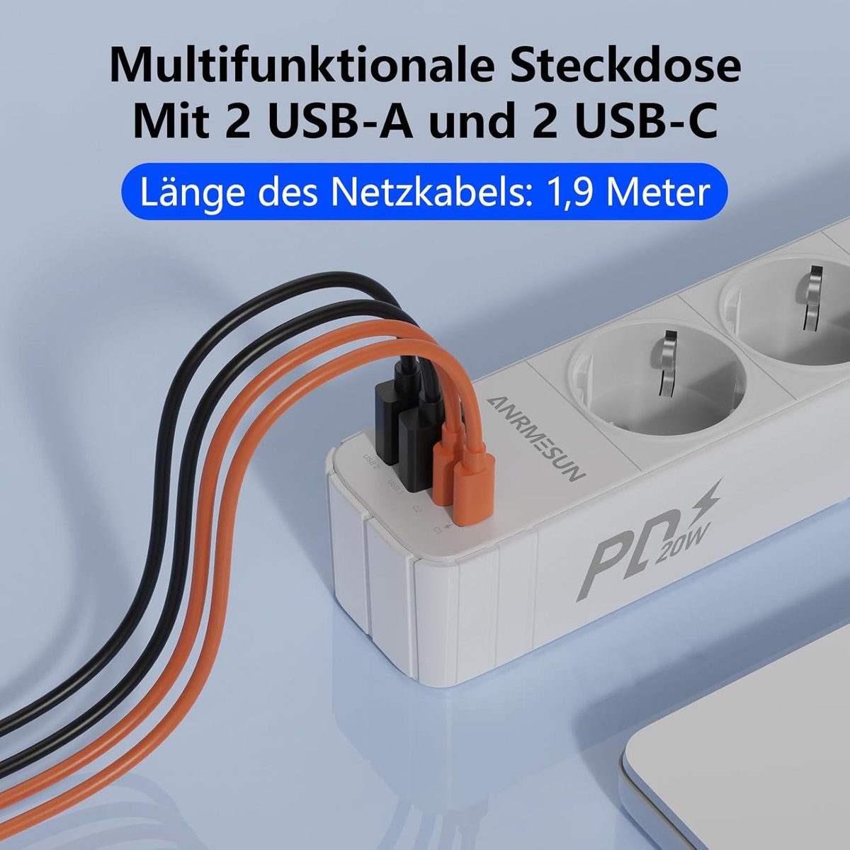 Thijox - Stekkerdoos met USB C PD 20W, 3-voudig stopcontact met overspanningsbeveiliging, 4 USB poorten (2 USB-C), schakelaar, 1,9M kabel - Wit