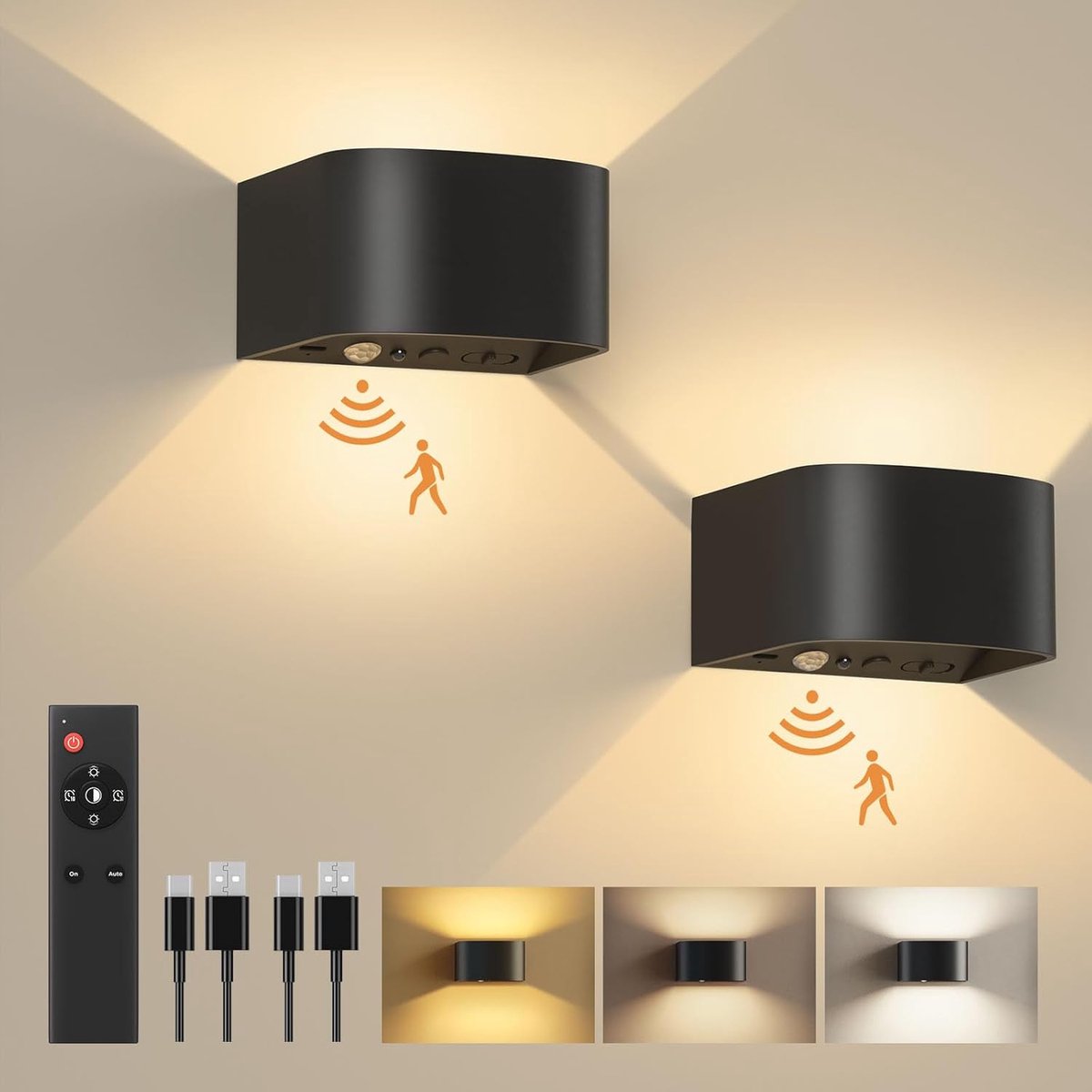 Wandlamp, set van 2 stuks, met accu, bewegingssensor, afstandsbediening, led-wandlamp, up and down, met 3 kleuren, 3 modi, oplaadbare batterij, helderheid instelbaar, voor binnen