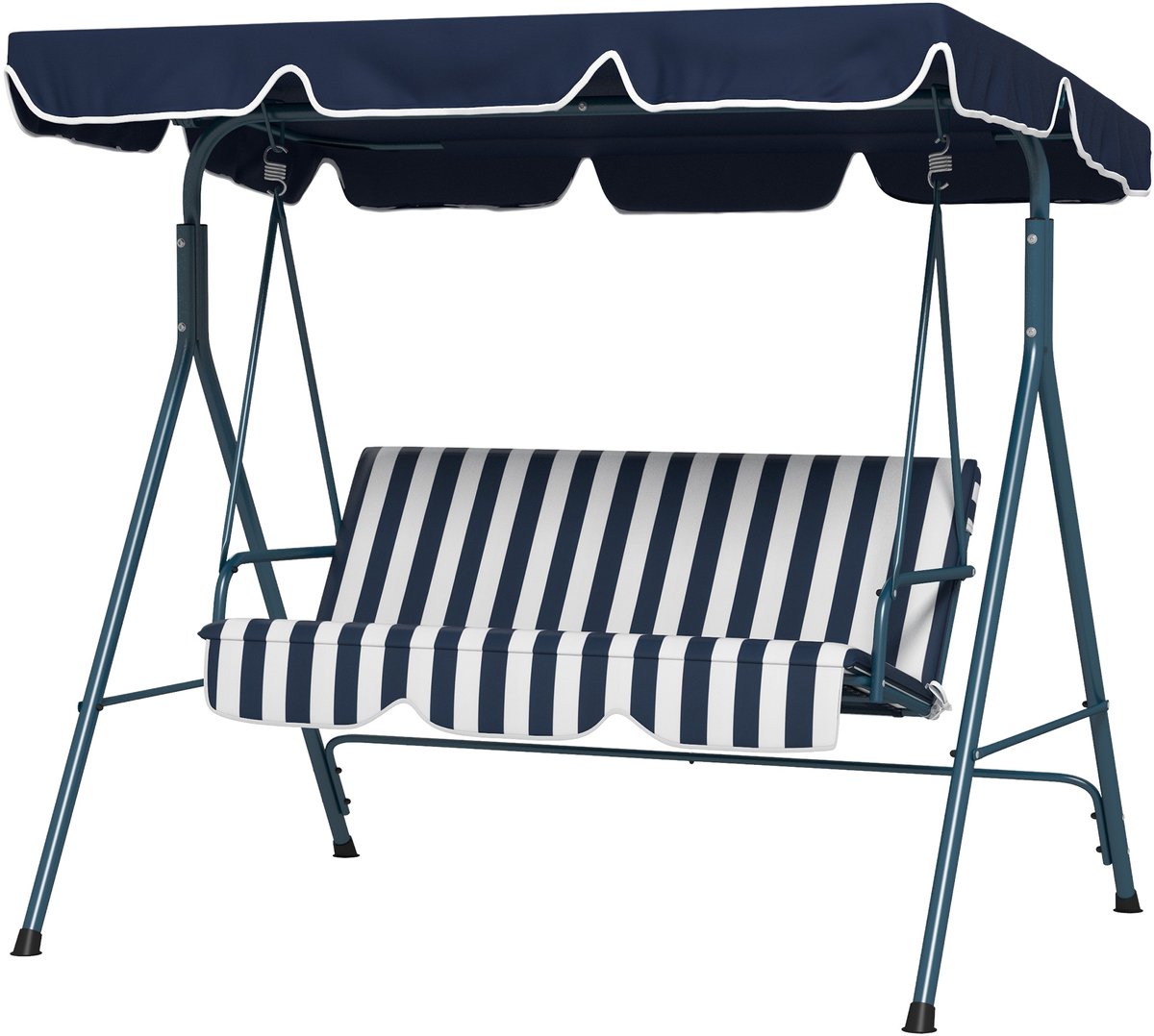 3-zits tuinschommel met verstelbaar kanteldak en zit- en rugkussens, zwart staal, blauw polyester