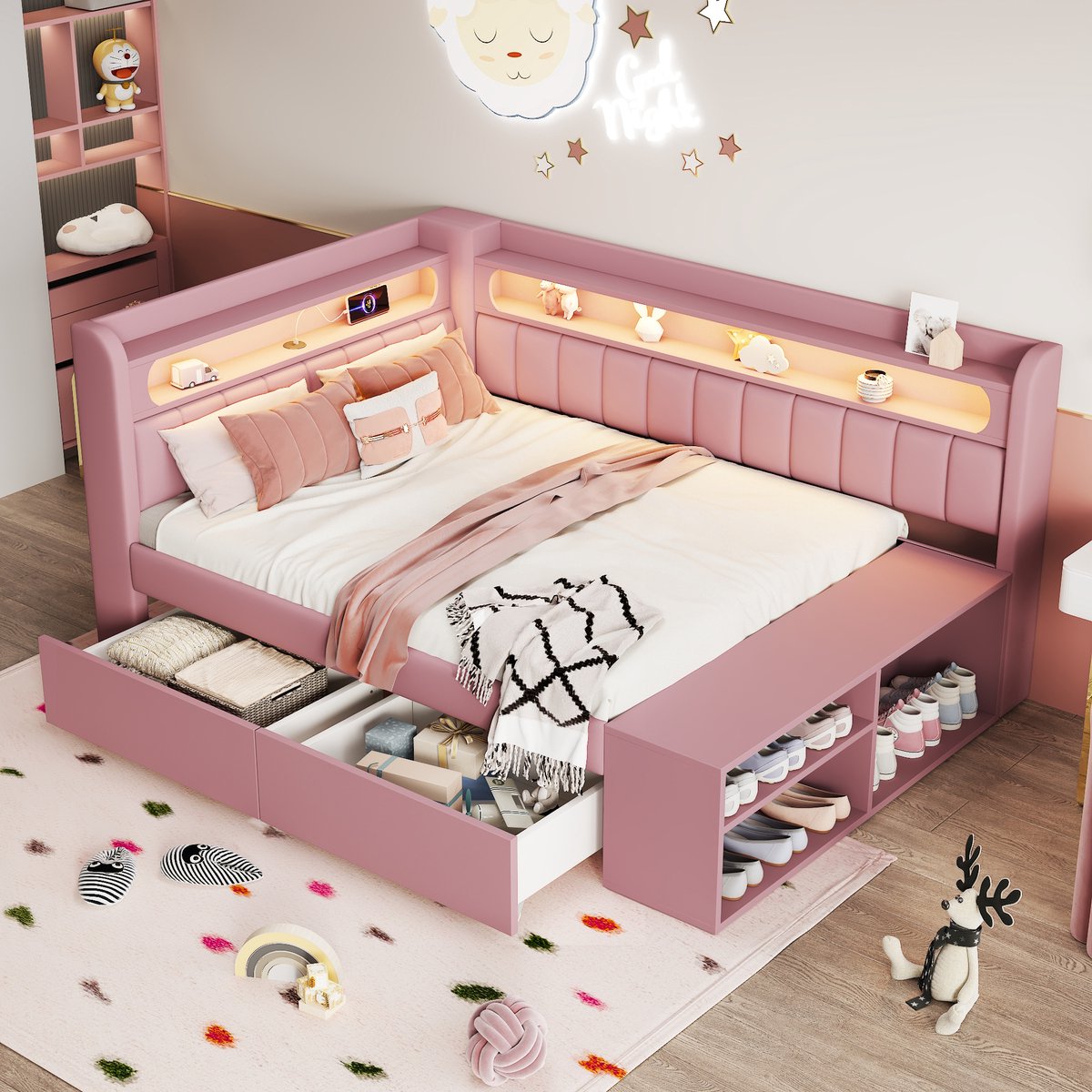 Slaapbank 1 Persoons 90x200 – Gestoffeerd Bed met 2 Lades, Schoenenkast, LED-Verlichting, USB-Aansluiting en Lattenbodem – Roze