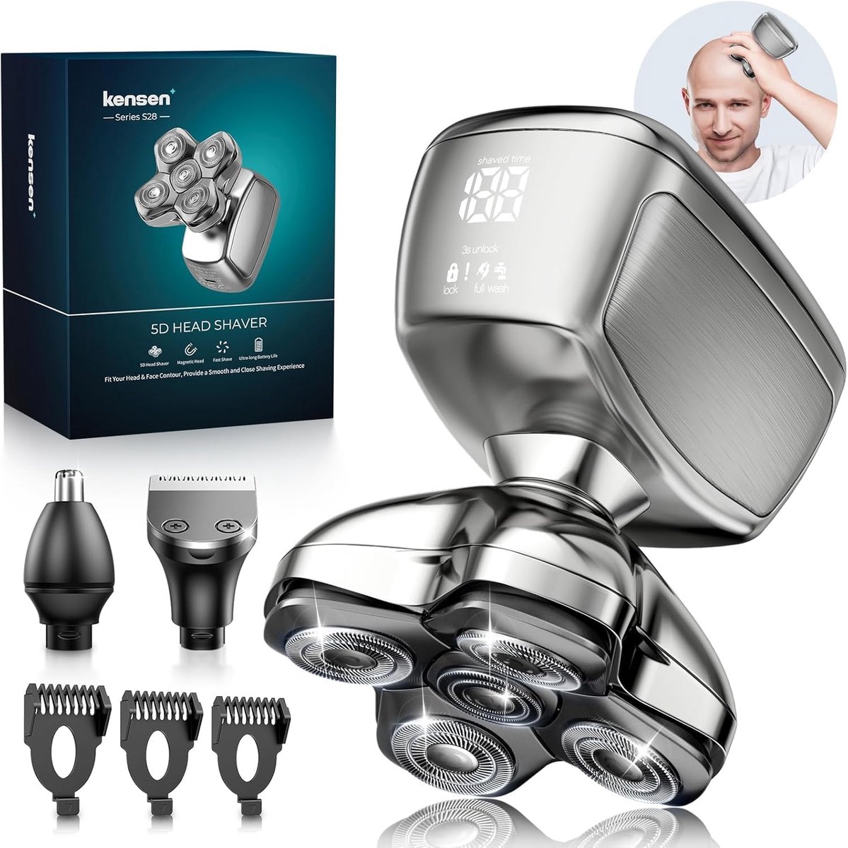 Thijox - 3-in-1 Hoofd Scheerapparaat voor Mannen, IPX6 Waterdicht, Oplaadbaar met 5D Magnetische Scheerkoppen, Haartrimmer en Neustrimmer, Voor Nat en