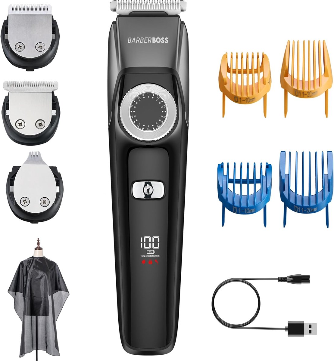 SnelShoppen - 3-in-1 Gezichtsverzorgingsset voor Mannen, Haartrimmer, Baardtrimmer, Detailtrimmer, USB-oplaadbaar, 100% Waterdicht, LED-display, 4 Gel