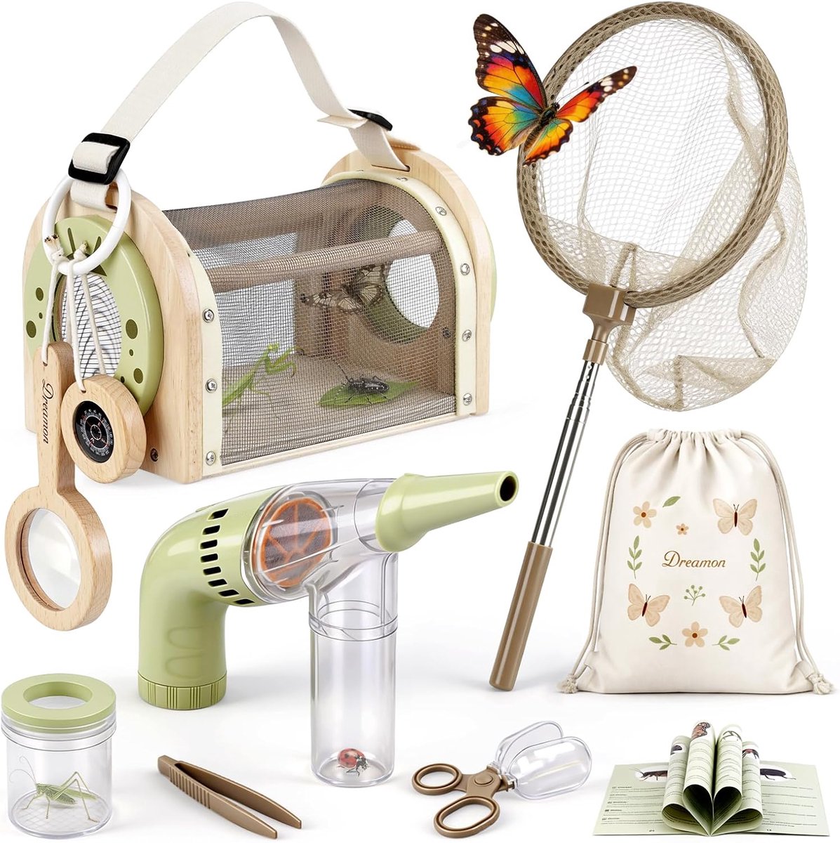Thijox - Dreamon Ontdekkingsreisset voor Kinderen met Vlindervangnet, Insectenobservatiekooi van Hout, Vergrootglas, Insectenvanger, Buiten Speelgoed