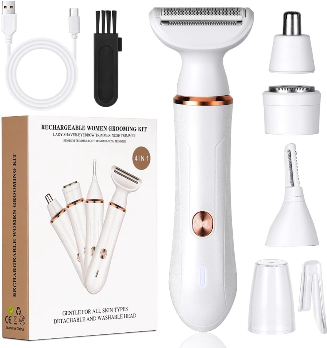 SnelShoppen - Draadloze 4-in-1 Elektrische Scheerapparaat voor Vrouwen, Pijnloze Bikini Trimmer, Oplaadbaar, Waterdicht, Geschikt voor Gezicht, Benen,