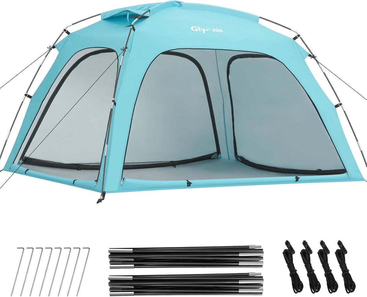 Thijox - Glymnis Strandtent met 4 Ritsdeuren, UV-Bescherming UPF50+, Windscherm, Voor 3-4 Personen, Compacte Verpakking, Ideaal voor Strand, Kamperen