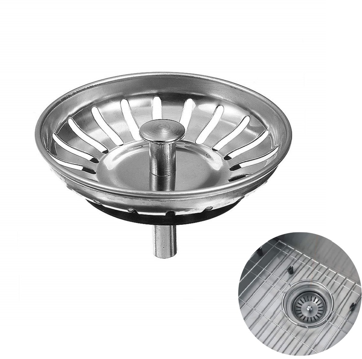 1 stuk - Keukenafvoerdeksel - keukenafvoerfilter - complete keukenafvoerset - vervangbare standaard afvoerbuis - roestvrijstalen behuizing met rubberen stop - geschikt voor afvoer en filtratie van keukenafvoeren in restaurants (8 cm, zilver)