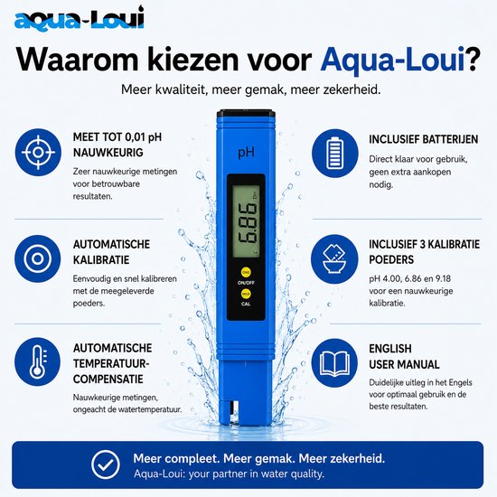 Blauwe digitale pH-meter met functies: nauwkeurig, kalibratie, temperatuurcompensatie, batterijen, poeders en handmatige handleiding.