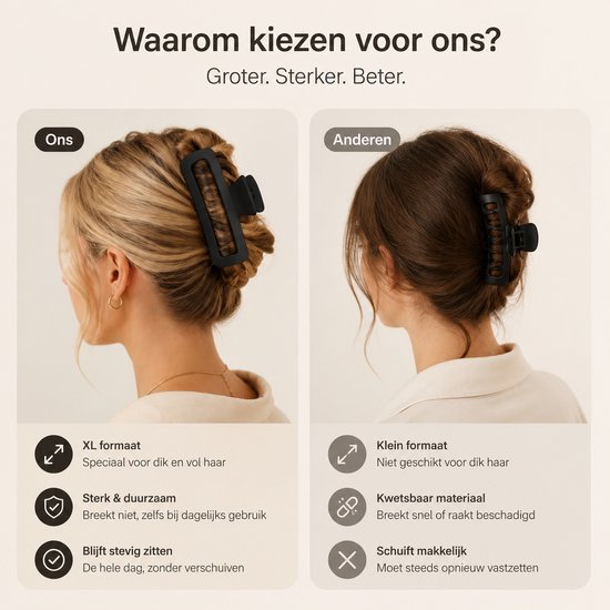 Grote, zwarte XL haarklem in een vrouw met blond haar. Tegenover een kleinere, zwarte klem in donker haar.