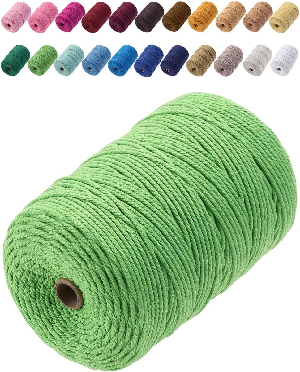 Premium Katoenen Macramé Touw 3mm x 200m - Zacht, Chemievrij en Ideaal voor Macramé Projecten, Lichtgroen