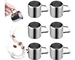 Set van 6 RVS Melkkannen van 30 ml - Kleine Melkpitcher met Handvat voor Cappuccino en Latte, Ideaal voor Melkopschuimen en Espresso