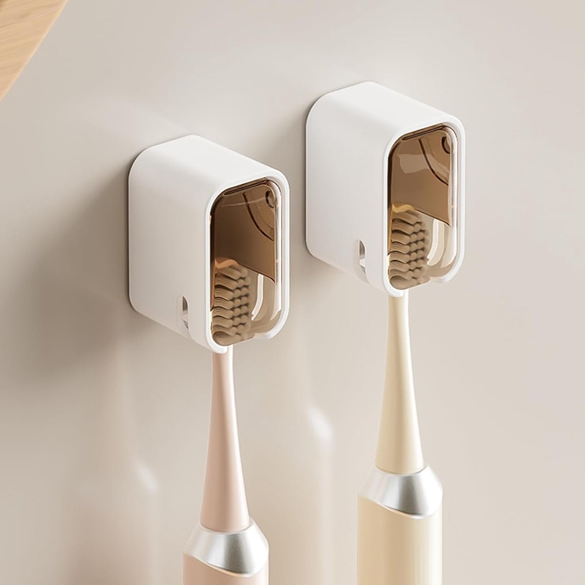 SnelShoppen - Wandbevestigde Tandborstelhouders voor Badkamer, 2 Stuks Sterke Hechting met Deksel, Tandborstelkoppen Organizer voor Gezinnen, Bruin, W