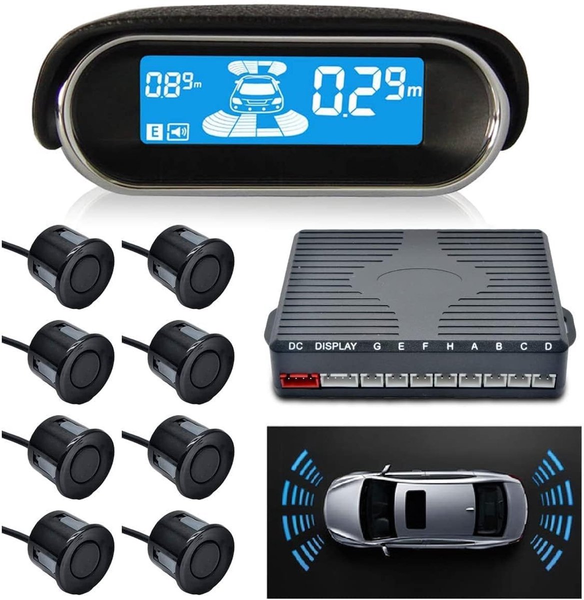 Thijox - Parkeer- Achteruitrijradarsysteem met 8 Sensoren, Dual-Core Parkeersensor voor Voor en Achter, LCD-kleurendisplay, Zwart, Automatische Detect