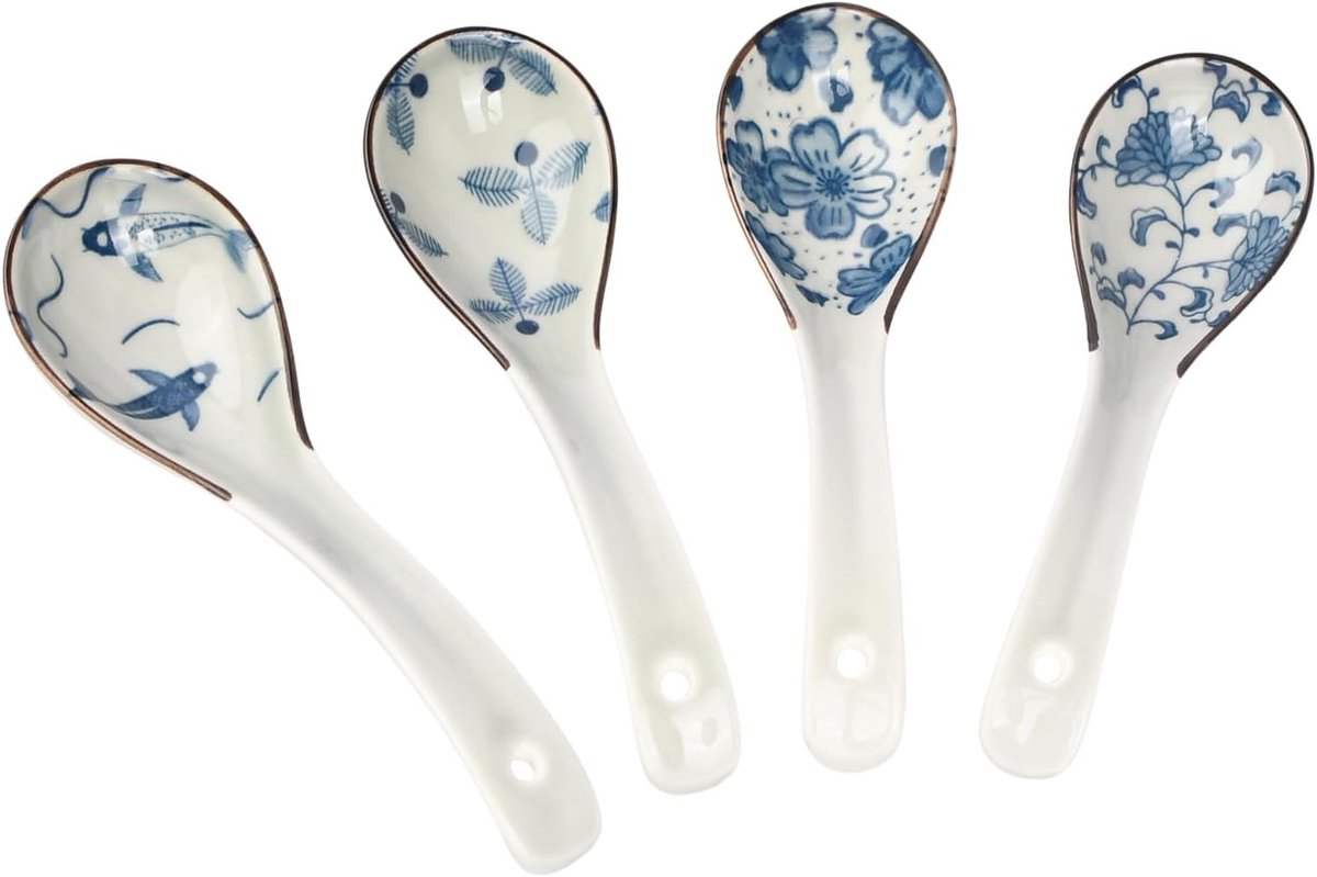 SnelShoppen - 4 Stuks Ceramische Chinese Soeplepels met Lange Gebogen Handgreep, Ideaal voor Ramen, Pho, Wonton Noodles en Meer, Keukenaccessoires voo