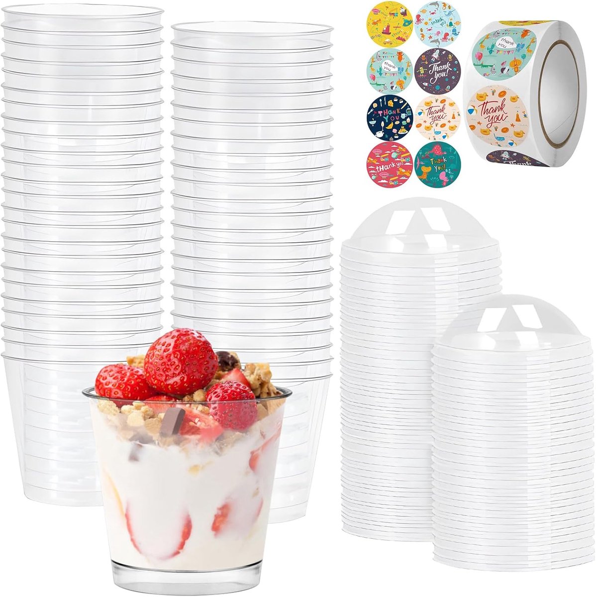 Thijox - 50 Mini Dessertbekers 210 ml met Herbruikbare Deksels en Stickers - Transparante Plastic Dessertpotten voor Bruiloft, Feest, BBQ, Tuin, Keuke
